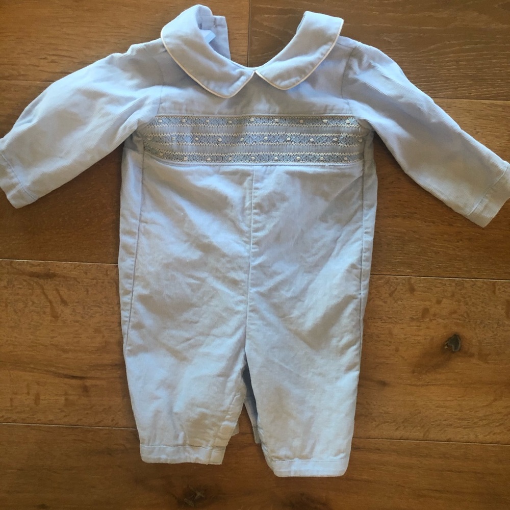 Boy Petit Bebe Corduroy Smocked Romper with Collar
